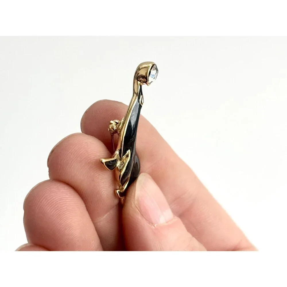 Seal Shaped Black Enameled Figural Gold TOned Vintage Costume Jewelry Brooch